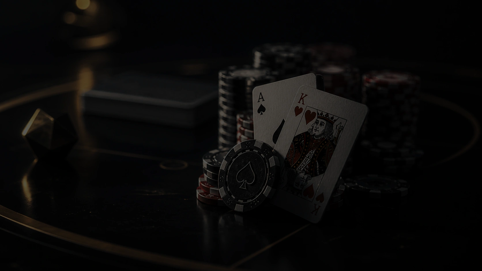 Dark casino scene with ace king cards stacked chips and warm lighting on poker table
