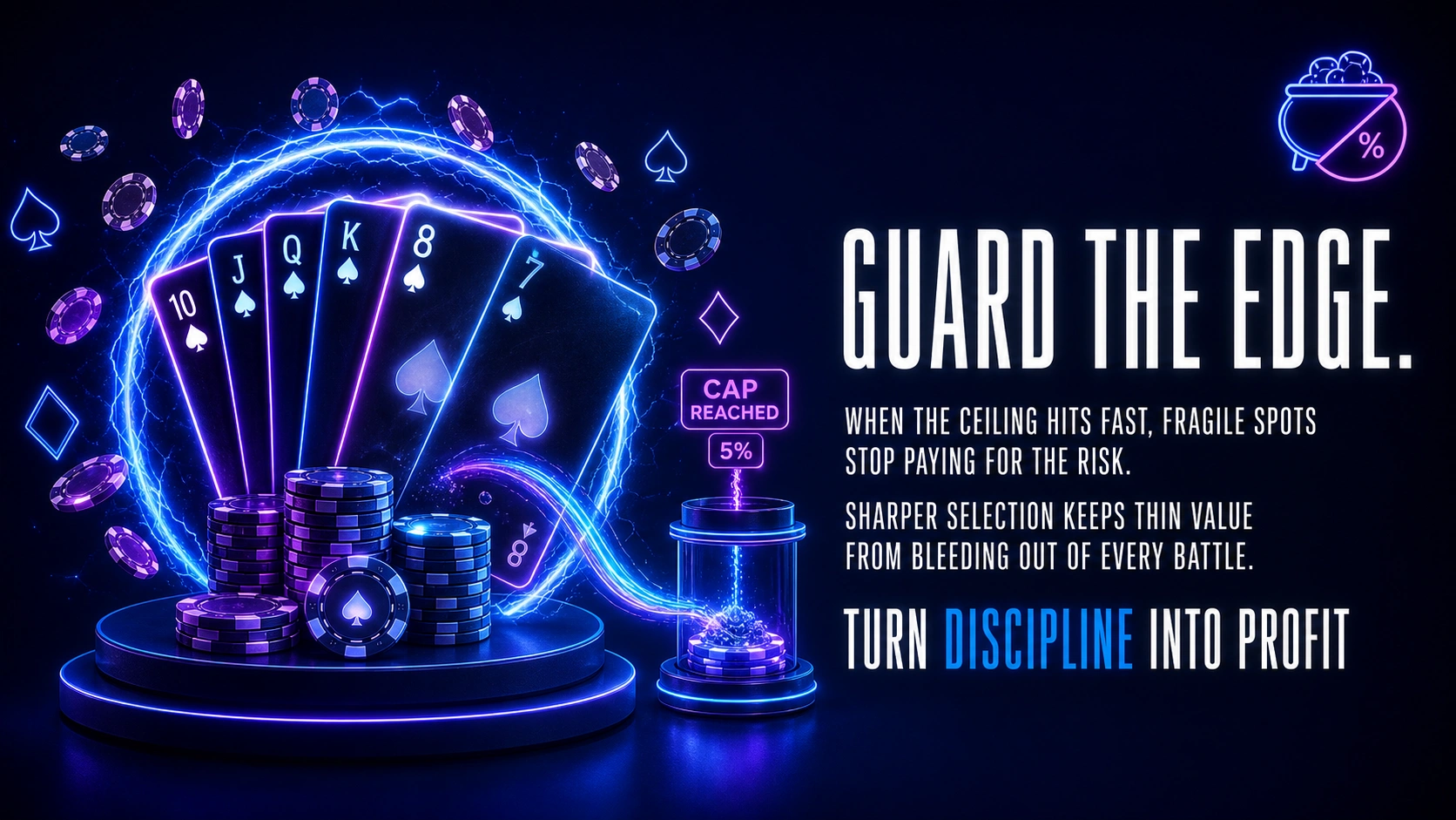 Glowing poker hand with chips and cap reached indicator showing discipline and profit protection concept