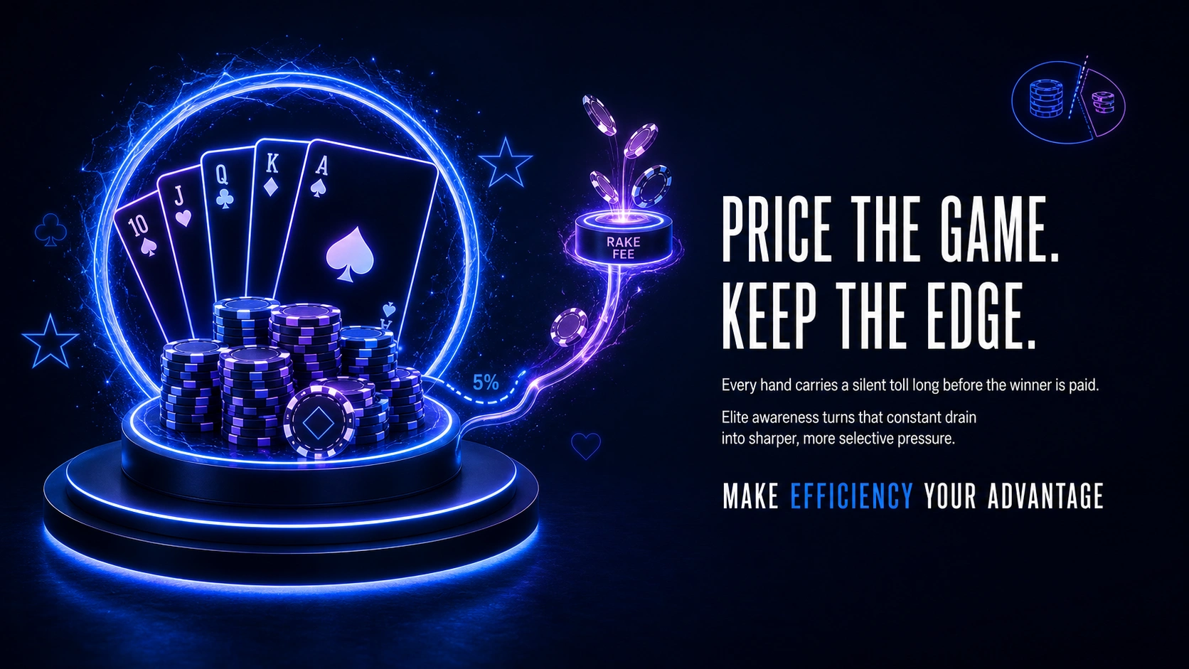 Neon poker cards with chips and rake flow illustrating five percent fee impact and efficiency strategy