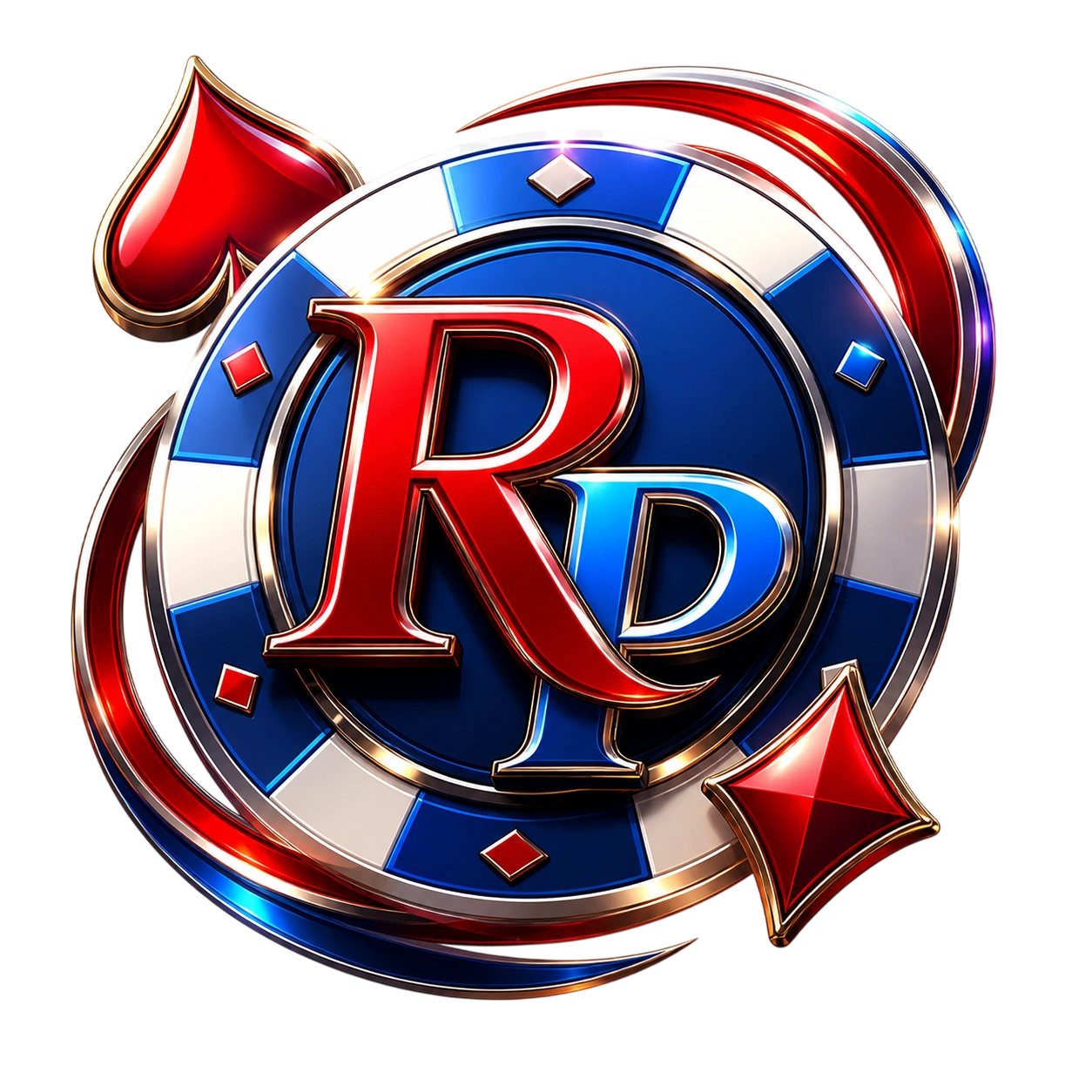 RP poker chip badge with gold silver letters on deep blue core classic casino frame